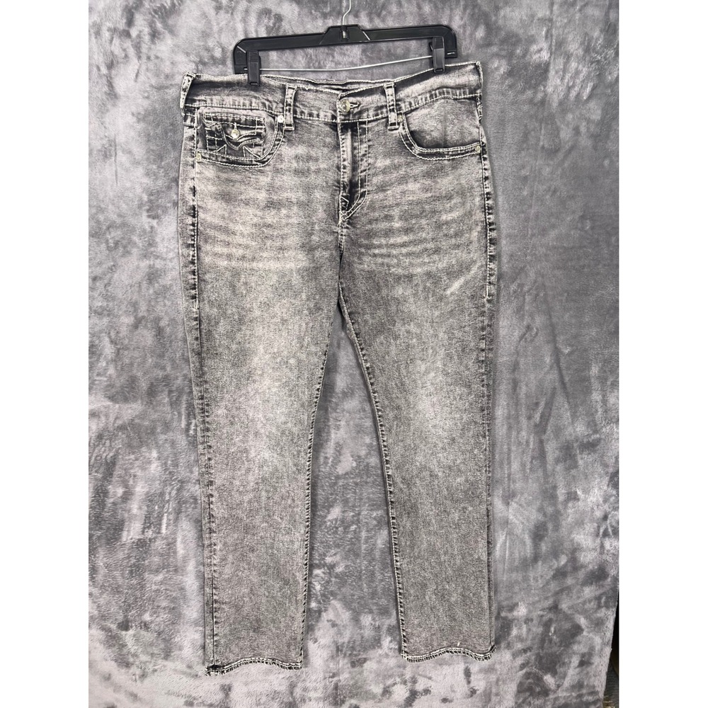 True Religion Geno Relaxed Slim Jeans Faded BlackAcidWash Horseshoe Stitch 37x31